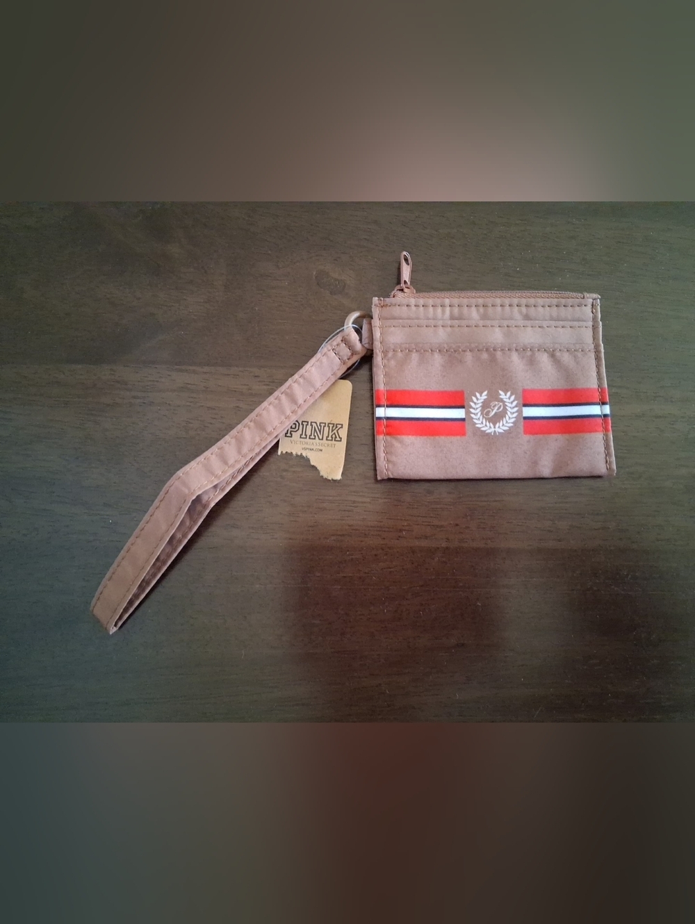 Victoria's Secret PINK Small Beige & Red Striped Logo Keychain Wallet